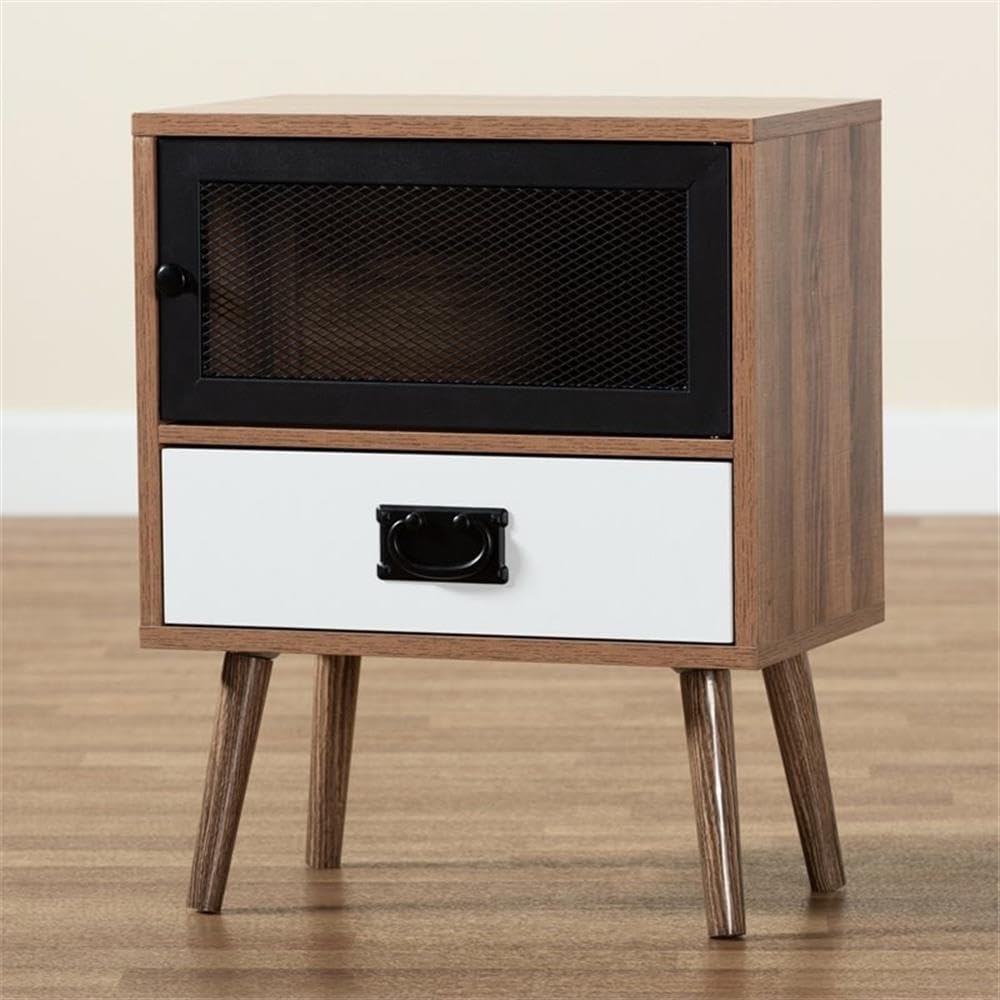 Baxton Studio Hubbard Mid-Century Modern Two-Tone Natural Brown and White Finished Wood and Black Metal 1-Drawer Nightstand